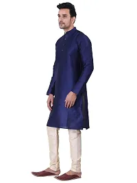 HUZUR Men's Silk Solid Straight Kurta Pyjama Set| Ethnic Wear|Traditional Wedding Wear -Navy Blue Kurta Gold Pyjama Set-thumb2