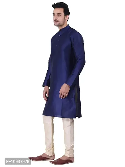 HUZUR Men's Silk Solid Straight Kurta Pyjama Set| Ethnic Wear|Traditional Wedding Wear -Navy Blue Kurta Gold Pyjama Set-thumb3