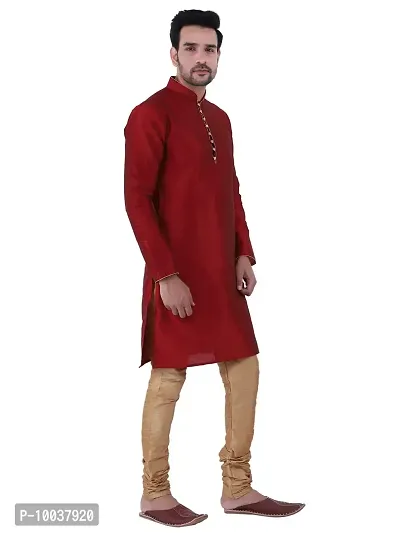 HUZUR Men's Silk Ceremony Loop Button Maroon Kurta Chiku Pyjama Set-thumb3