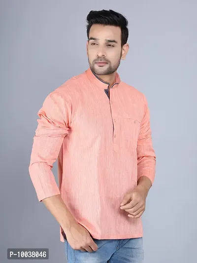 HUZUR Linen Solid Straight Fit Mandarian Collar Round Neck Short Kurta for Men (Pink)-thumb3