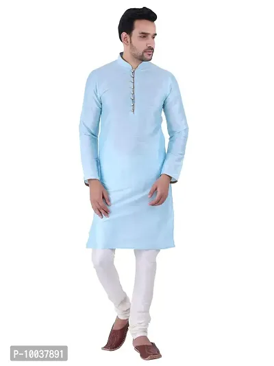 HUZUR Men's Silk Ceremony Loop Button Sky Blue Kurta Cream Pyjama Set