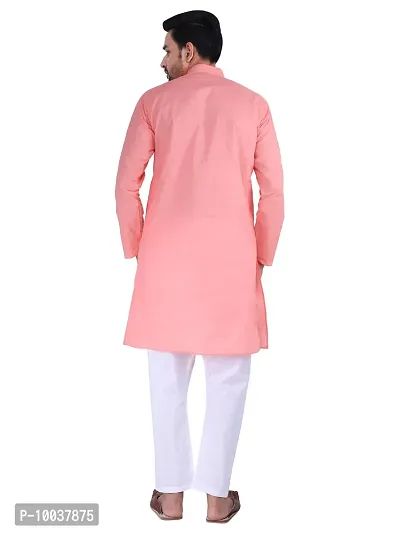 HUZUR Men's Cotton Solid Straight Kurta Pyjama Set| Ethnic Wear|Traditional Wedding Wear - Peach Kurta White Pyjama set-thumb4