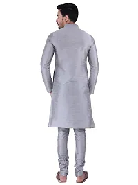 HUZUR Men's Silk Ceremony Loop Button Silver Kurta Silver Pyjama Set-thumb3