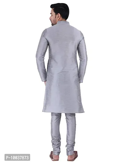 HUZUR Men's Silk Ceremony Loop Button Silver Kurta Silver Pyjama Set-thumb4