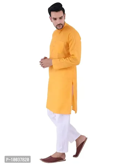 HUZUR Men's Cotton Solid Straight Kurta Pyjama Set| Ethnic Wear|Traditional Wedding Wear - Orange Kurta White Pyjama set-thumb2