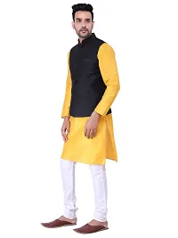 HUZUR Men's Silk Yellow Kurta Cream Pyjama/pajama With Black Dupion/Silk Nehru Jacket Set-thumb1