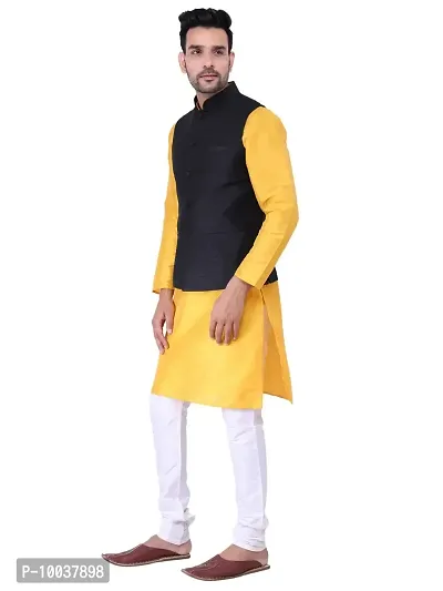 HUZUR Men's Silk Yellow Kurta Cream Pyjama/pajama With Black Dupion/Silk Nehru Jacket Set-thumb2