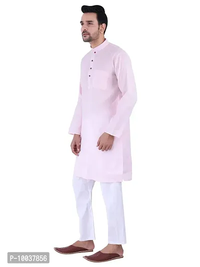 HUZUR Men's Cotton Solid Straight Kurta Pyjama Set| Ethnic Wear|Traditional Wedding Wear - Pink Kurta White Pyjama set-thumb3