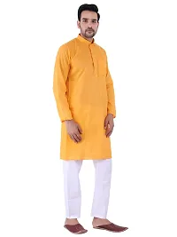 HUZUR Men's Cotton Solid Straight Kurta Pyjama Set| Ethnic Wear|Traditional Wedding Wear - Orange Kurta White Pyjama set-thumb2