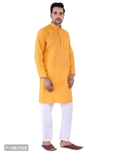 HUZUR Men's Cotton Solid Straight Kurta Pyjama Set| Ethnic Wear|Traditional Wedding Wear - Orange Kurta White Pyjama set-thumb3