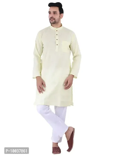 HUZUR Men's Cotton Solid Straight Kurta Pyjama Set| Ethnic Wear|Traditional Wedding Wear - Lemon Kurta White Pyjama set