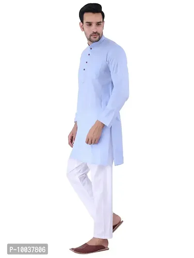 HUZUR Men's Cotton Solid Straight Kurta Pyjama Set| Ethnic Wear|Traditional Wedding Wear - Sky Blue Kurta White Pyjama set-thumb2