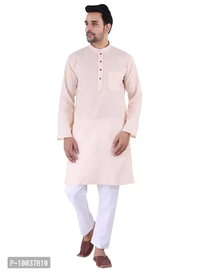 HUZUR Men's Cotton Solid Straight Kurta Pyjama Set| Ethnic Wear|Traditional Wedding Wear - Light Peach Kurta White Pyjama set