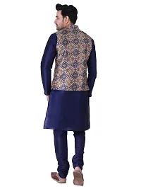 HUZUR Men's Silk Navy Blue Kurta Navy Blue Pyjama/Pajama with Multicolor Square Print Nehru Jacket Set-thumb3