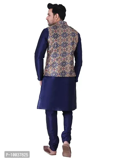HUZUR Men's Silk Navy Blue Kurta Navy Blue Pyjama/Pajama with Multicolor Square Print Nehru Jacket Set-thumb4