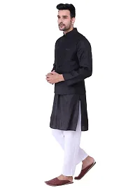 HUZUR Men's Cotton Black Kurta White Pyjama/pajama With Black Dupion/Silk Nehru Jacket Set-thumb1