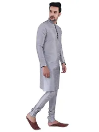 HUZUR Men's Silk Ceremony Loop Button Silver Kurta Silver Pyjama Set-thumb2