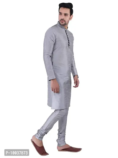 HUZUR Men's Silk Ceremony Loop Button Silver Kurta Silver Pyjama Set-thumb3