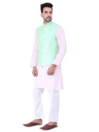 HUZUR Men's Cotton Pink Kurta White Pyjama/pajama With Pista Dupion/Silk Nehru Jacket Set-thumb1