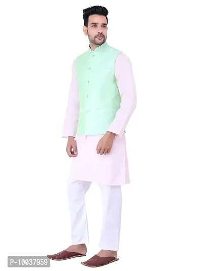 HUZUR Men's Cotton Pink Kurta White Pyjama/pajama With Pista Dupion/Silk Nehru Jacket Set-thumb2