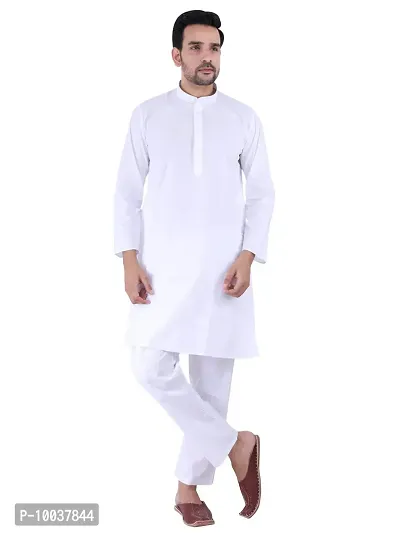 HUZUR Men's Cotton Solid Straight Kurta Pyjama Set| Ethnic Wear|Traditional Wedding Wear - White Kurta White Pyjama set