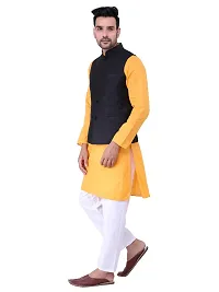 HUZUR Men's Cotton Orange Kurta White Pyjama/pajama With Black Dupion/Silk Nehru Jacket Set-thumb1