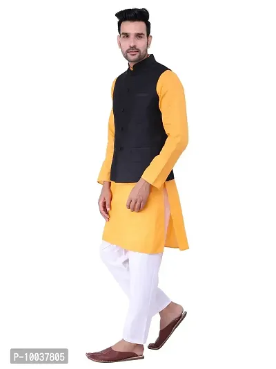 HUZUR Men's Cotton Orange Kurta White Pyjama/pajama With Black Dupion/Silk Nehru Jacket Set-thumb2