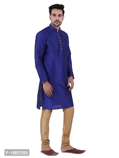 HUZUR Men's Silk Ceremony Loop Button Royal Blue Kurta Chiku Pyjama Set-thumb3