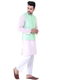 HUZUR Men's Cotton Pink Kurta White Pyjama/pajama With Pista Dupion/Silk Nehru Jacket Set-thumb2