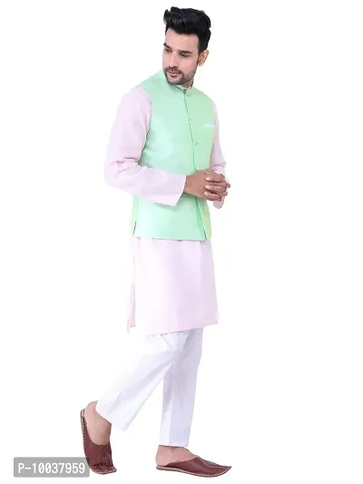 HUZUR Men's Cotton Pink Kurta White Pyjama/pajama With Pista Dupion/Silk Nehru Jacket Set-thumb3