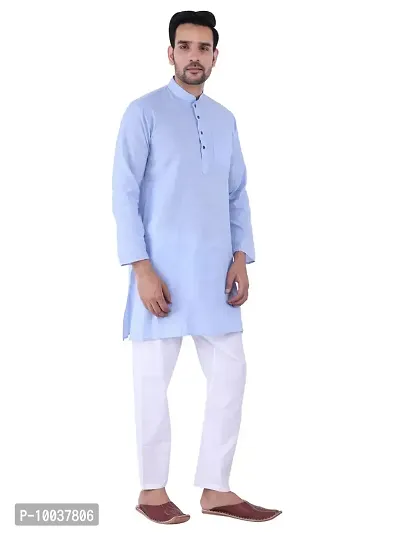 HUZUR Men's Cotton Solid Straight Kurta Pyjama Set| Ethnic Wear|Traditional Wedding Wear - Sky Blue Kurta White Pyjama set-thumb3