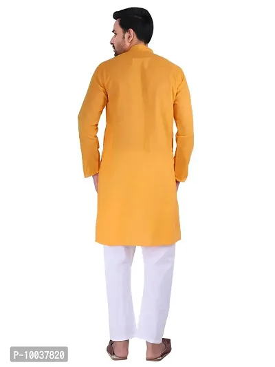 HUZUR Men's Cotton Solid Straight Kurta Pyjama Set| Ethnic Wear|Traditional Wedding Wear - Orange Kurta White Pyjama set-thumb4