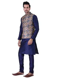 HUZUR Men's Silk Navy Blue Kurta Navy Blue Pyjama/Pajama with Multicolor Square Print Nehru Jacket Set-thumb1