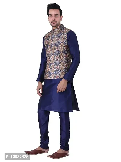 HUZUR Men's Silk Navy Blue Kurta Navy Blue Pyjama/Pajama with Multicolor Square Print Nehru Jacket Set-thumb2