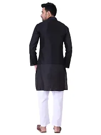 HUZUR Men's Cotton Black Kurta White Pyjama/pajama With Black Dupion/Silk Nehru Jacket Set-thumb3