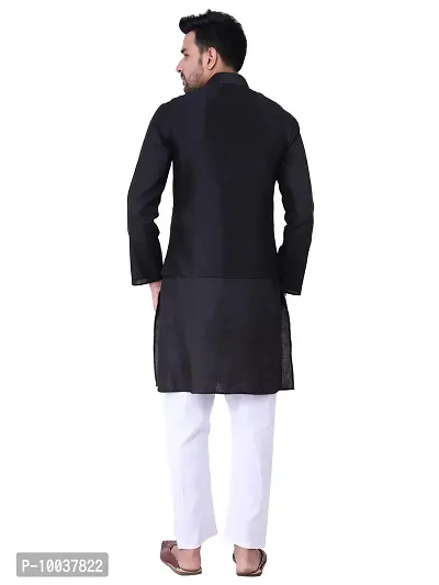 HUZUR Men's Cotton Black Kurta White Pyjama/pajama With Black Dupion/Silk Nehru Jacket Set-thumb4