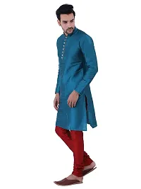 HUZUR Men's Silk Ceremony Loop Button Green Kurta Maroon Pyjama Set-thumb1