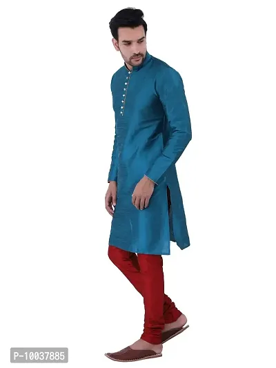 HUZUR Men's Silk Ceremony Loop Button Green Kurta Maroon Pyjama Set-thumb2