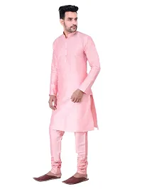 HUZUR Men's Silk Solid Straight Kurta Pyjama Set| Ethnic Wear|Traditional Wedding Wear -Pink Kurta Pink Pyjama Set-thumb2