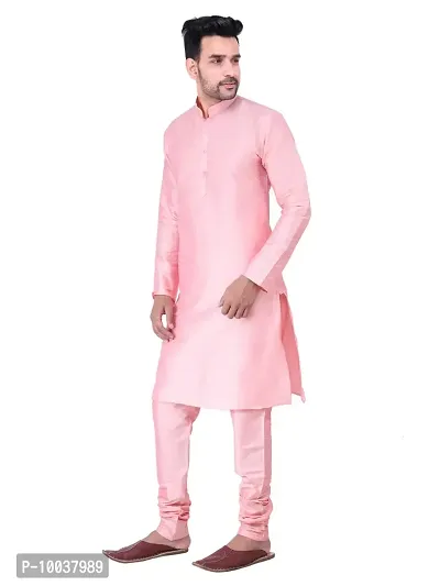 HUZUR Men's Silk Solid Straight Kurta Pyjama Set| Ethnic Wear|Traditional Wedding Wear -Pink Kurta Pink Pyjama Set-thumb3