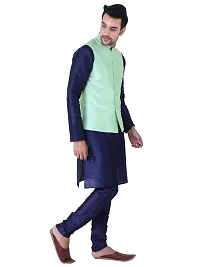 HUZUR Men's Silk Navy Blue Kurta Navy Blue Pyjama/pajama With Pista Dupion/Silk Nehru Jacket Set-thumb3