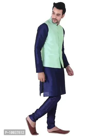 HUZUR Men's Silk Navy Blue Kurta Navy Blue Pyjama/pajama With Pista Dupion/Silk Nehru Jacket Set-thumb4
