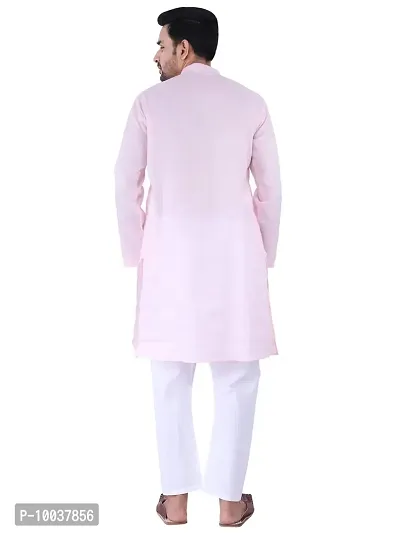 HUZUR Men's Cotton Solid Straight Kurta Pyjama Set| Ethnic Wear|Traditional Wedding Wear - Pink Kurta White Pyjama set-thumb2