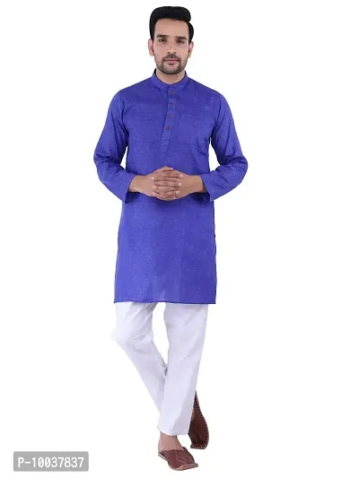 HUZUR Men's Cotton Solid Straight Kurta Pyjama Set| Ethnic Wear|Traditional Wedding Wear - Royal Blue Kurta White Pyjama set