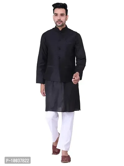 HUZUR Men's Cotton Black Kurta White Pyjama/pajama With Black Dupion/Silk Nehru Jacket Set-thumb0