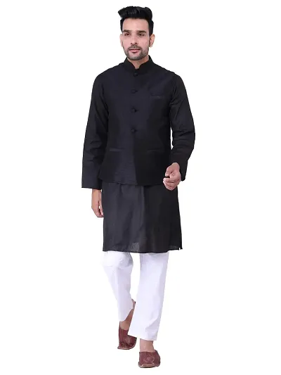 HUZUR Men's Cotton Black Kurta White Pyjama/pajama With Red Dupion/Silk Nehru Jacket Set for diwali Dadaji Gift
