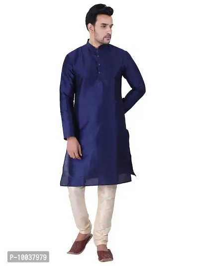 HUZUR Men's Silk Solid Straight Kurta Pyjama Set| Ethnic Wear|Traditional Wedding Wear -Navy Blue Kurta Gold Pyjama Set-thumb0