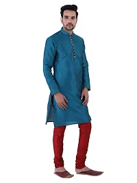 HUZUR Men's Silk Ceremony Loop Button Green Kurta Maroon Pyjama Set-thumb2