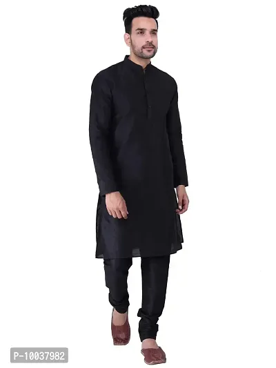 HUZUR Men's Silk Solid Straight Kurta Pyjama Set| Ethnic Wear|Traditional Wedding Wear -Black Kurta Black Pyjama Set