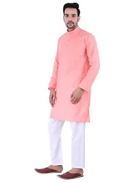 HUZUR Men's Cotton Solid Straight Kurta Pyjama Set| Ethnic Wear|Traditional Wedding Wear - Peach Kurta White Pyjama set-thumb2